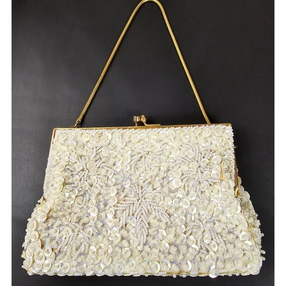 Beaded Clutch Purse Evening Bag Hand Made in Hong Kong MCM Sequin Ivory 7"x4.5" - Picture 1 of 9